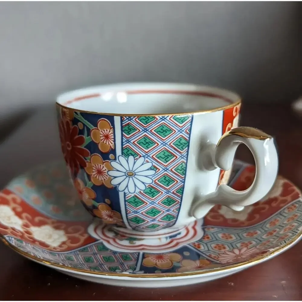 Vtg Arita Imari Teacup Saucer Set Japan Porcelain Fan Shape Kutani
